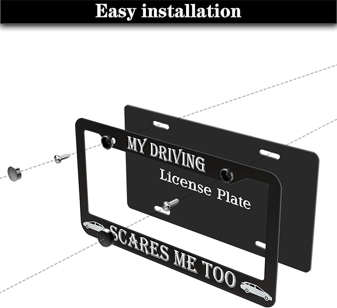 Fun License Plate Frame Cover Black and White License Plate Frames My Driving Scares Me Too Universal Aluminum Car Accessory 2 Pack with Screw Covers Set
