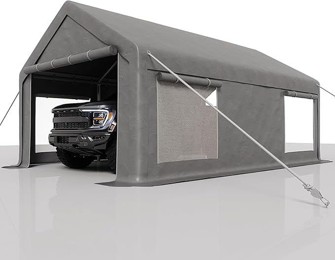 12 x 20ft Heavy-Duty Carport Canopy with Roll-Up Windows & DoorsThickened Wind Ropes, Ground Nails, Portable Car Tent Garage for Cars, Trucks, Boats, 180G Durable Tarp Cover,Grey