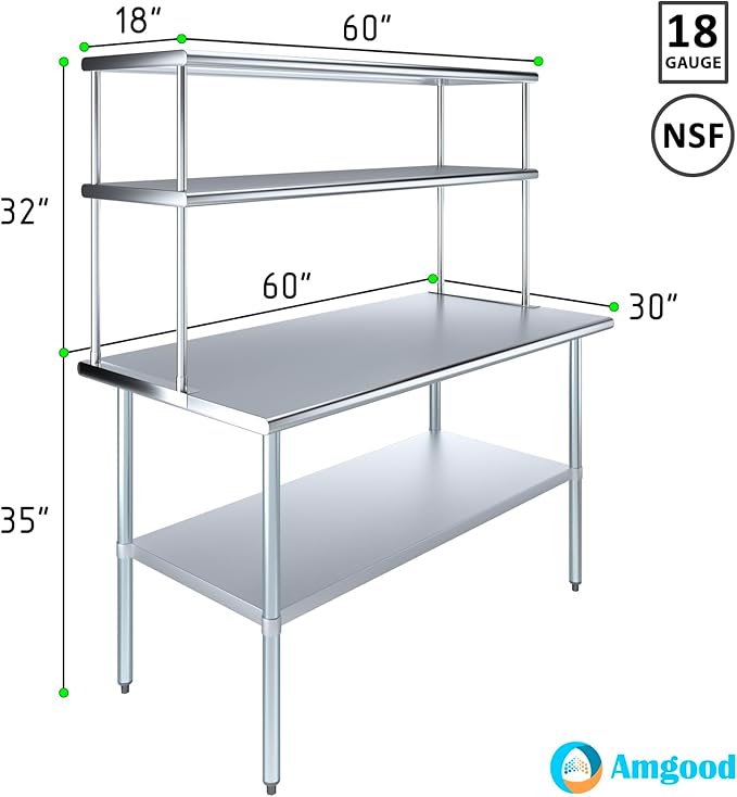 Amgood Stainless Steel Work Table Double Tier Overshelf | Metal Kitchen Prep Table & Shelving Combo (30" x 60" Work Table + 18" Overshelf)