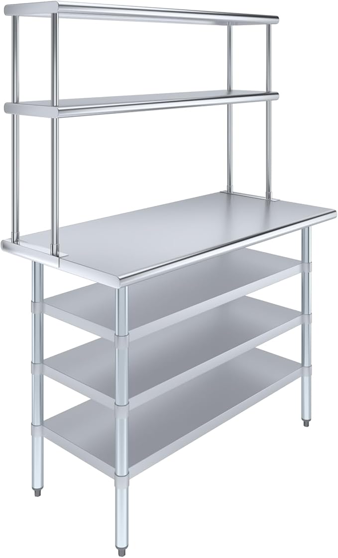 Amgood (24" x 48" Stainless Steel Work Table with 3 Shelves and 12" Wide Double Tier Overshelf | Metal Kitchen Prep Table & Shelving Combo | NSF
