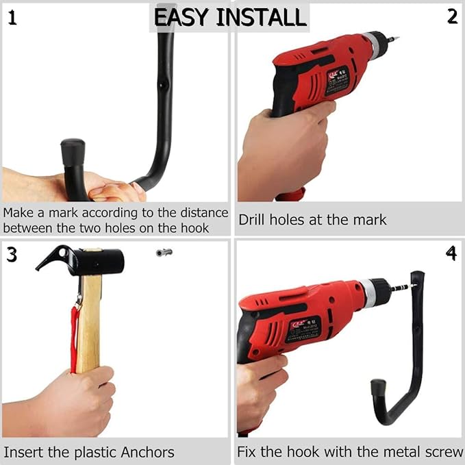 8 Pack Wall Mount Storage Hooks, 9.6IN Garage Utility Hanger for Ladder, Hold Chairs, Garden Tool, Hose, Bike Black +Red 9.6Inch x 8.8Inch