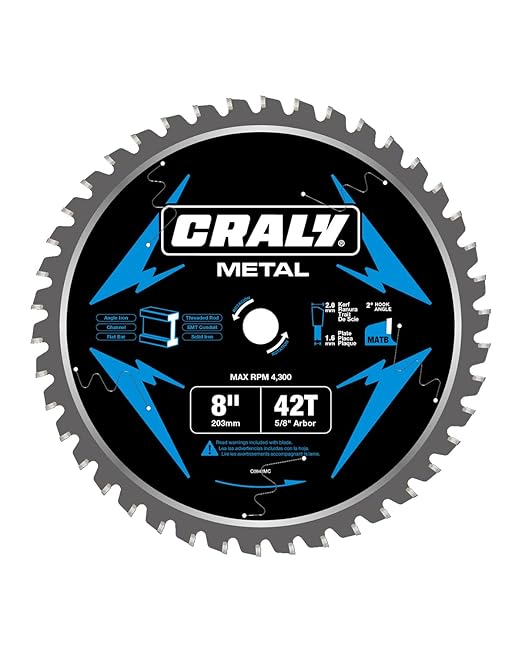 CRALY 8 Inch 42 Teeth Steel and Ferrous Metal Cutting Circular Saw Blade, 5/8 Inch Arbor, Thin Kerf, Professional Carbide Tipped Blade for Angle Iron, Threaded Rod, EMT Conduit(C0842MC)