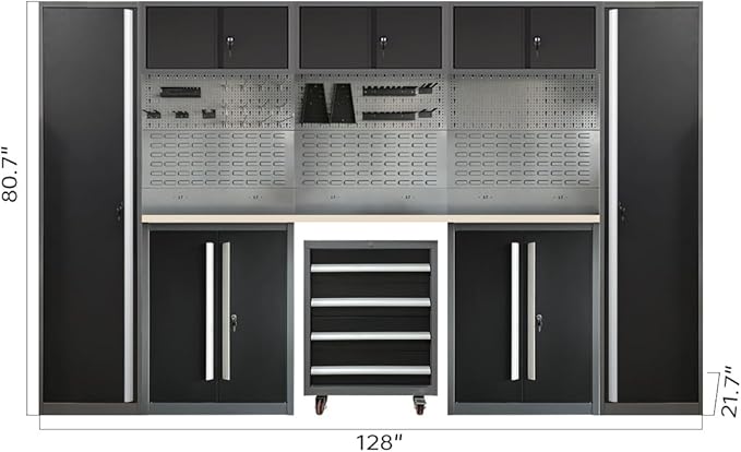 JZD Metal Garage Tool Cabinet System, Tool Organization with Wooden Worktop, for Workshop Auto Repair Shop, Black and Grey