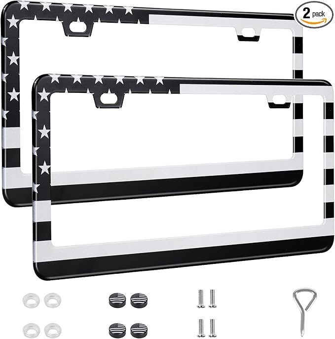 2 Pack License Plate Frames, Stainless Steel Car License Plate Cover Car Accessories with Screw Caps (Grey and Black)