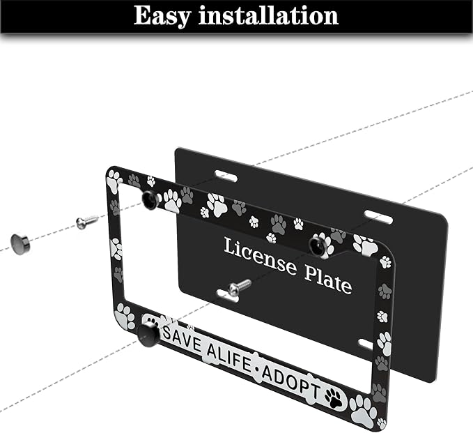 License Plate Holder Black and White License Plate Frames Save a Life Adopt Aluminum Metal Car Accessory 2 Pack with Screw Covers Set