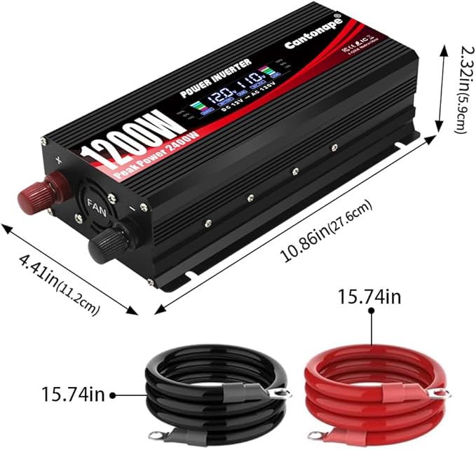1200W/2400W(Peak) Power Inverter DC 12V to 110V/120V AC Converter with LCD Display Dual AC Outlets 3.0A USB and Type-C Car Inverter for Truck Vehicles Laptop Trip