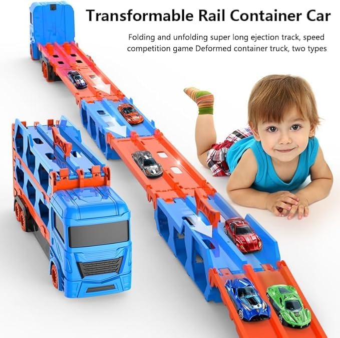 Toy Truck for Kids,Transport Truck with Cars,Garage Storage Toy,Portable Foldable Truck Toy with 59-FT Race Track and 8 Die-Cast Cars,Kids Toys Xmas Gifts for Age 3 4 5 6+ Years Old Boys Girls