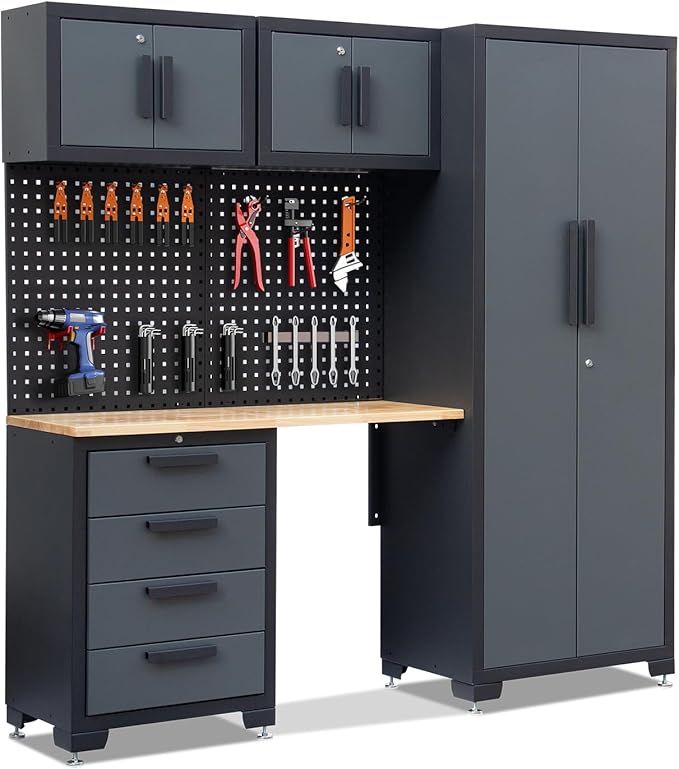 7-Pcs Garage Storage Cabinet System - Workshop Set With Steel Drawers, Workbench, Pegboard for Tool Organization