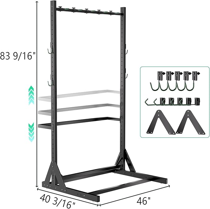 JWX Freestanding 5 Bike Rack, Heavy Duty Floor Bike Stand with Triangle Support Panels, Adjustable Rubber-Coated Hooks, Gear Accessory Holders, Easy Assembly