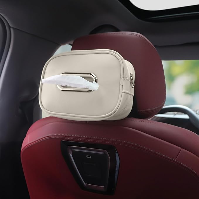 Car Tissue Holder, Tissue Box Cover Keep Car Tidy, Premium PU Leather Backseat Napkin Rectangle Organizer, Extra Large Tissue Box Storage in Car Fits for 6.6 * 4.7 * 2.3 Regular Size Tissues, White