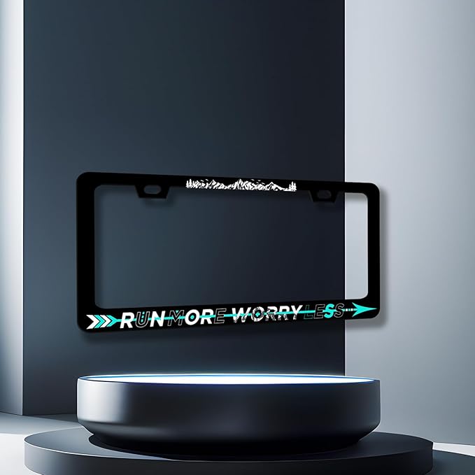 Run More Worry Less License Plate Frame Mountain Arrow License Plate Holder Stainless Steel Front and Rear Car Tags Auto Parts Funny License Plate Decoration with Screws Men Women 12.2" x 6.2"
