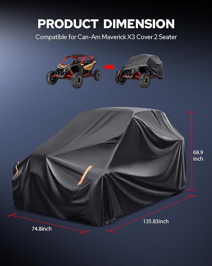 Benlari Heavy Duty UTV Cover - 420D Waterproof Oxford Cloth, PU Coating, 2 Adjustable Windproof Buckles, 4 Wheel Tie-downs and Reflective Strips for Outdoor All-weather Protection (136" x 75" x 69")
