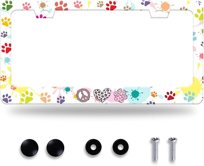 Dog Cat Paw License Plate Frame Colorful Paws License Plate Stainless Steel Funny License Plate Holder for Men Women Universal Animals Car Accessories Decoration 12.3" x 6.3"
