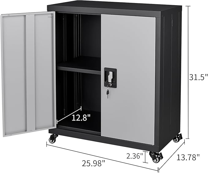 LUCYPAL Metal Storage Cabinet with 2 Doors,Steel Storage Cabinet with Adjustable Shelves and Wheels,Locking Tool Cabinets for Office,Home,Garage,Black&Grey 31.5" H
