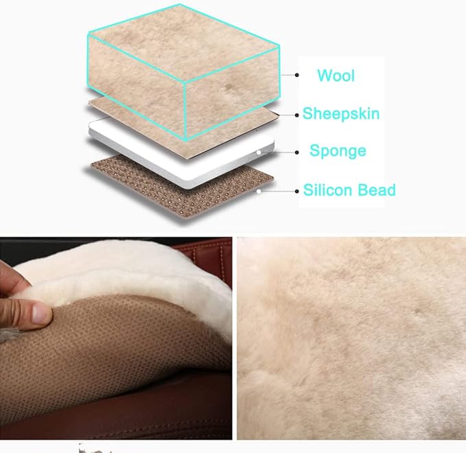 Fluffy Genuine Sheepskin Car Seat Cover for Auto Fuzzy Interior Accessories Cushion with Soft Wool Natural Fur Non-Slip (Pearl, Front20*20Inch)