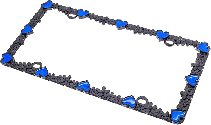 Creathome 3D Daisy Heart License Plate Frame from Pure Zinc Alloy Metal Perfect Plate Holder, Matt Black Daisy with Blue Reflective Heart