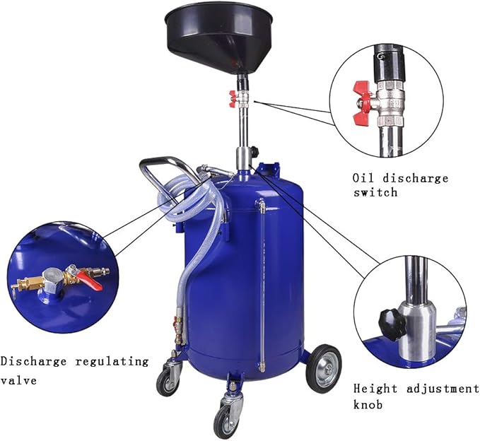 redsun 30 Gallon Waste Oil Drain Tank, Air Operated Oil Drain Container for Quick Fluid Change, Adjustable Funnel Height (53"-80") with Wheels – for Waste Oil Removal in Auto Shops, Garages