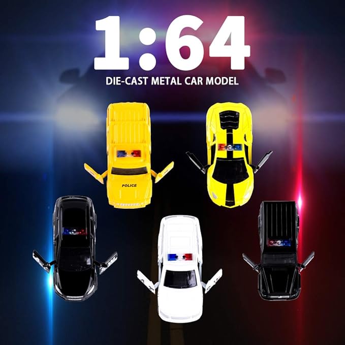 KIDAMI Die Cast Metal Little Toy Cars Set of 5, Openable Doors Pull Back Car Gift Pack for Kids (Police car)