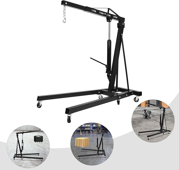 2 Ton(4409lbs) Folding Engine Hoist Heavy Duty Carbon Steel Hydraulic Shop Engine Crane Cherry Picker Shop Crane Hoist Lift with 6 Iron Caster Wheels for Car Fixing Workshop Garage (Black)