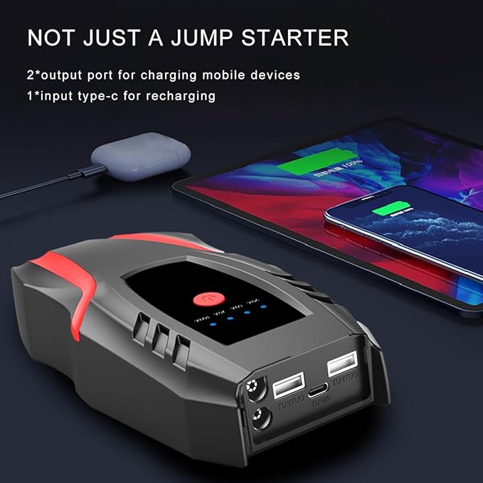 12v Auto Jump Starter Peak Current 2000A (8.0L Gas and 5.0L Diesel Engine), Car Lithium Battery Charger Jumper Cable Pack, 8000mah Portable Power Bank with LED Light&USB Quick Charge