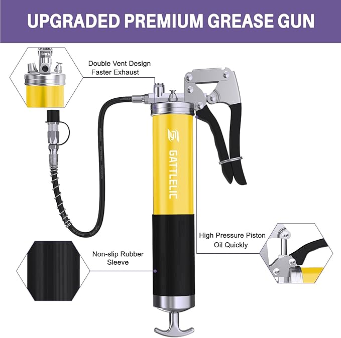 8000 PSI Heavy Duty Grease Gun Kit - 14oz with Flex Hose, Sharp Nozzle, Extension Pipe & Coupler, Yellow