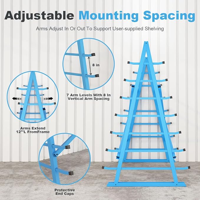 Yeeoy Steel Horizontal Storage Rack, 7 Tier Detachable Lumber Storage Rack, Heavy Duty Adjustable Pipe Rack Lumber Organizer Shelf for Garage Workshop Shed Basement, Blue