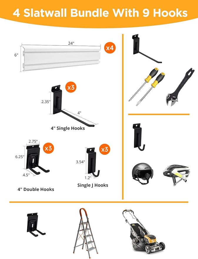 Slat Wall Paneling Garage Tool Organizer Wall Mount 4 Pack with Adjustable Metal Hooks 9 Pack, Garage Slat Wall Storage Systems Garage Storage & Organization Products, White Slatwall Total 96 inch