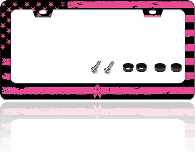 Breast Cancer Awareness Pink Ribbon License Plate Frame American Flag License Plate Holder for Front or Rear Car Tags Reusable Stainless Steel Funny Car Decoration with Screws 6.3 X 12.2 in