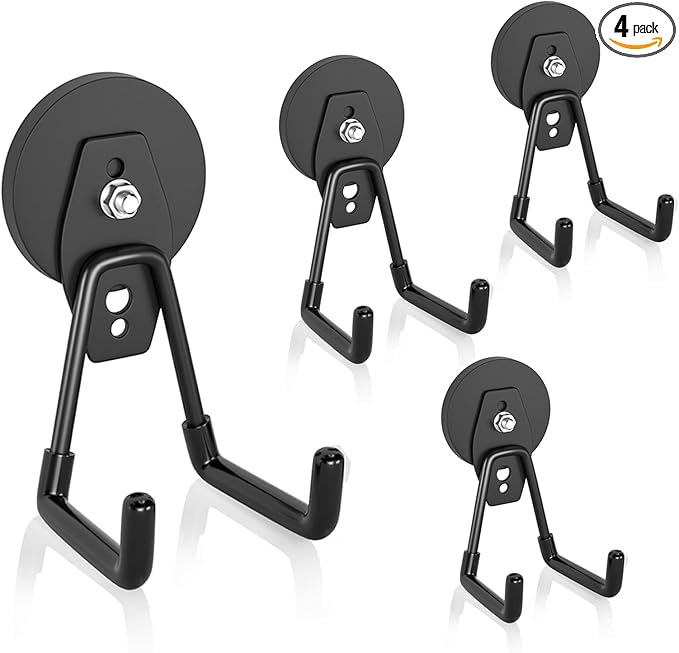 ENUODA Strong Magnetic Hooks Heavy Duty - Neodymium Magnetic Tool Holder Magnet Utility Hooks for Hanging Broom, Power Tool, Toolbox, Shovel, Mop, Toolchest, Container, Van, Cabinet, Pegboard, 4 Pack