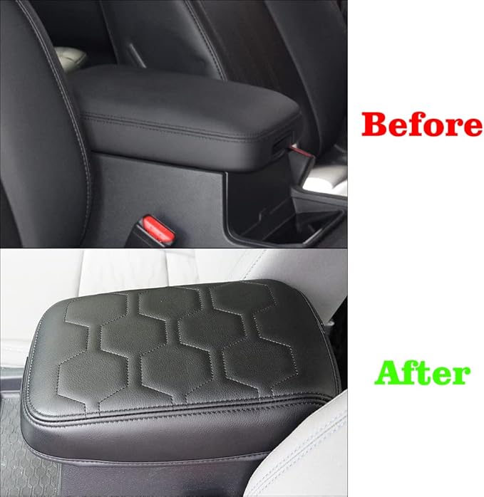 Muslogy for Frontier Center Console Pad Armrest Box Cover Vegan Leather Soft Accessories Armrest Lid Protector Compatible with Nissan Frontier 2022-2024 2025 (Regular Thick, V1 Black Stitching)