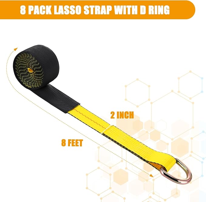 8 Pack 2" x 8ft Tow Truck Straps Lasso Wheel Lift Straps Lasso Tow Strap with D Ring 11, 000 Lbs Break Strength Auto Tie Down Auto Hauler for Trailer Truck Tie(Yellow)