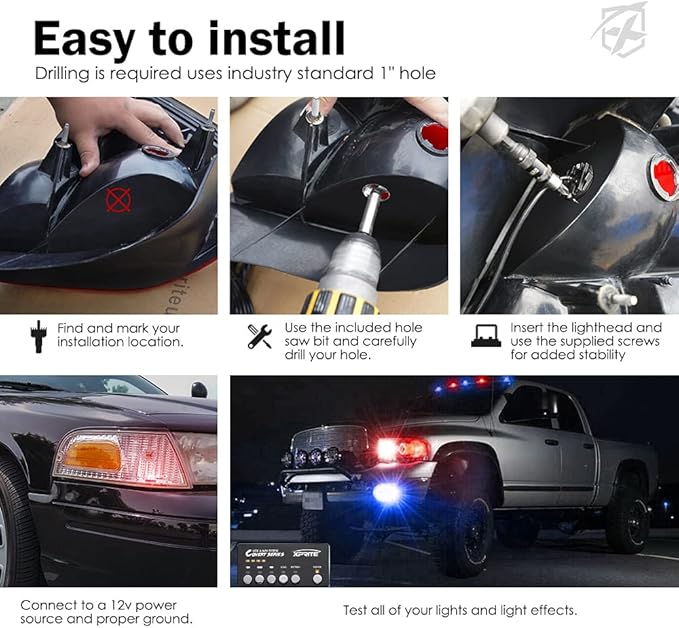 Xprite Red Blue LED Hideaway Strobe Police Lights Kit, 20 Flashing Patterns w/Control Panel for Headlights Taillights Hazard Warning Mounting, for Emergency Vehicles Volunteer Cop Cars Trucks, 4PCS