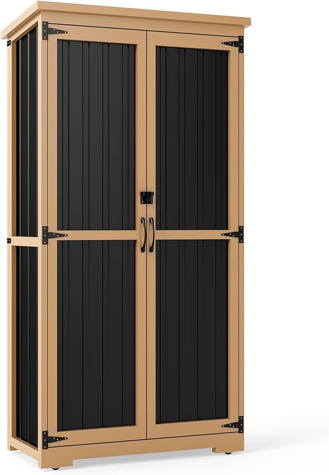 Outdoor Storage Cabinet,Wood & Metal Storage Shed with Lockable Doors & Adjustable Shelves,Vertical Outdoor Cabinets Weatherproof for Patio Backyard, Gardening Tools and Accessories,Brown