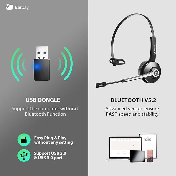 Earbay Trucker Bluetooth Headset, Wireless Headphones with Mic Mute & USB Dongle, Wireless Headset with Microphone Noise Canceling & Charing Base for Work/PC Computer/Phones/Office/Meeting