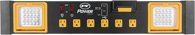 Performance Tool W2279 Commercial Grade Power Station with 6 Outlets, 2 USB Ports, Built-In Cradle, and LED Lights, Ideal for Workshops and Garages
