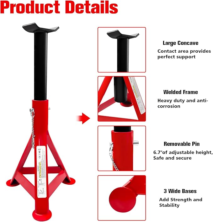 Jack Stands 3 Ton (6,600 LBs), 12"-18.7" Adjustable Height with Mobility Safety Pin,Heavy Duty Jack Stands for Cars,Home,Garage,Workshops,Lifting SUV, Pickup Truck,Car Jack Stand,1 Pair