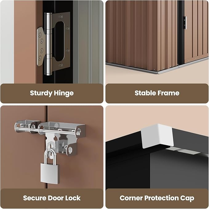 Bealife Outdoor Storage Shed Clearance, Metal Outdoor Storage Cabinet, Waterproof Tool Shed, Lockable Backyard Shed for Garden, Patio and Lawn (Brown, 6' x 4')