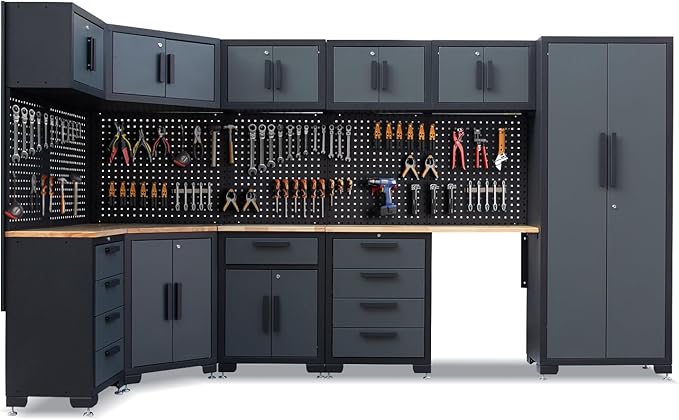15-Piece Corner Garage Storage Cabinet System - Heavy Duty Workshop Set w/Corner Cabinet Includes Workbench, Pegboard & Lockable Drawers | Metal Tool Organization System for Garage/Workshop