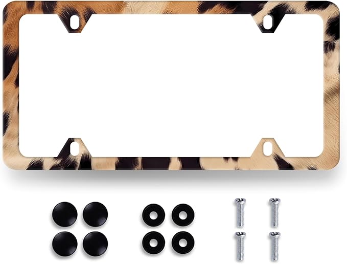Vintage Brown White Cow Print License Plate Frame Animal Spots License Plate Stainless Steel Colorful Accessories Cars Decor 12.2 X 6.2 Inch with 4 Holes and Screws Fits Standard Us Ca Vehicles