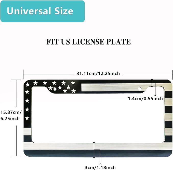 American Flag License Plate Frame- Black Front Rear Patriotic USA ‌Car Tag Frames, 2 Pack 2 Hole Heavy Duty Brushed Aluminum Plastic Composite Holder with Screws Caps