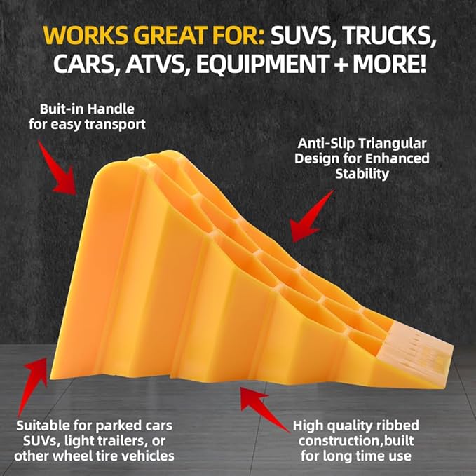 Wheel Chocks for Car, Camper,Trailers,RV,Truck, and Vehicles G.V.W. up to 8T, Anti Slip Bottom Tire Chock for All Weather,Lightweight, Easy to Carry,Perfect on All Surfaces and in All Weather.2Packs