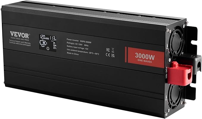 VEVOR Pure Sine Wave Inverter, 3000 Watt, DC 12V to AC 120V Power Inverter with 2 AC Outlets 2 USB Port 1 Type-C Port, LCD Display and Remote Controller for Large Home Appliances, CE FCC Certified