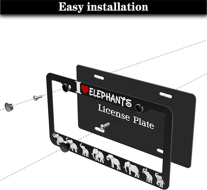 License Plate Frames Black and White Fun License Plate Frame Cover I Love Elephants Universal Aluminum Car Accessory 2 Pack with Screw Covers Set