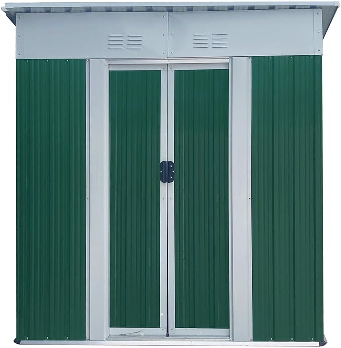 5x3 FT Outdoor Storage Shed with Sloping Roof, Waterproof Metal Garden Sheds w/Lockable Sliding Doors and Vents, Weather Resistant Tool Storage House for Backyard, Patio, Lawn, Green