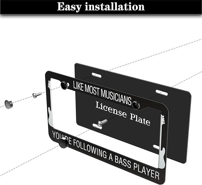 License Plate Frame Holder Black and White License Plate Frames Like Most Musicians Following Bass Player Aluminum Metal Car Accessory 2 Pack with Screw Covers Set
