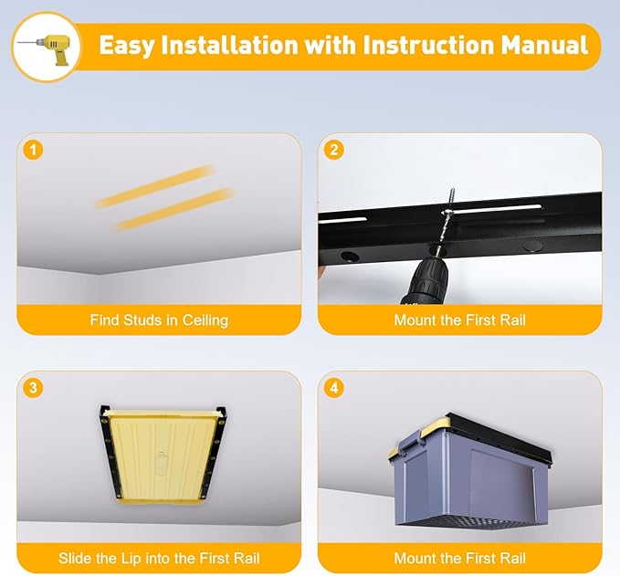 TOPOWN Overhead Garage Ceiling Bin Storage Rack, Heavy Duty Tote Slide Garage Storage System Overhead Tote Storage Rail System (for 4 Bins)