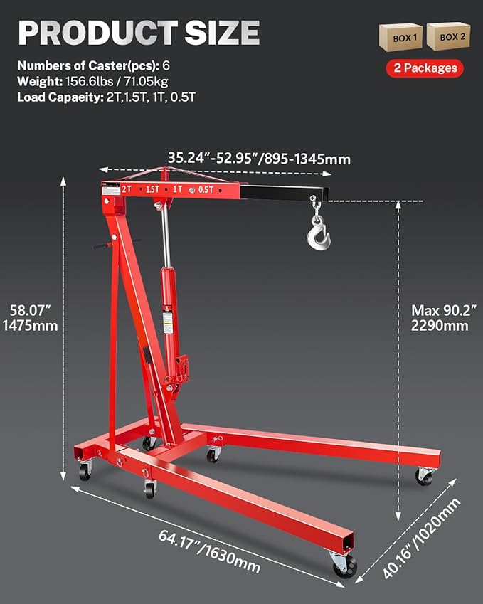 2-Ton Folding Engine Hoist, Hydraulic Shop Crane with 6 Swivel Wheels & Adjustable Boom (0.5T-2T), Heavy-Duty Cherry Picker for Garage, Workshop, Truck, Farm (Net Wt. 157 lbs)