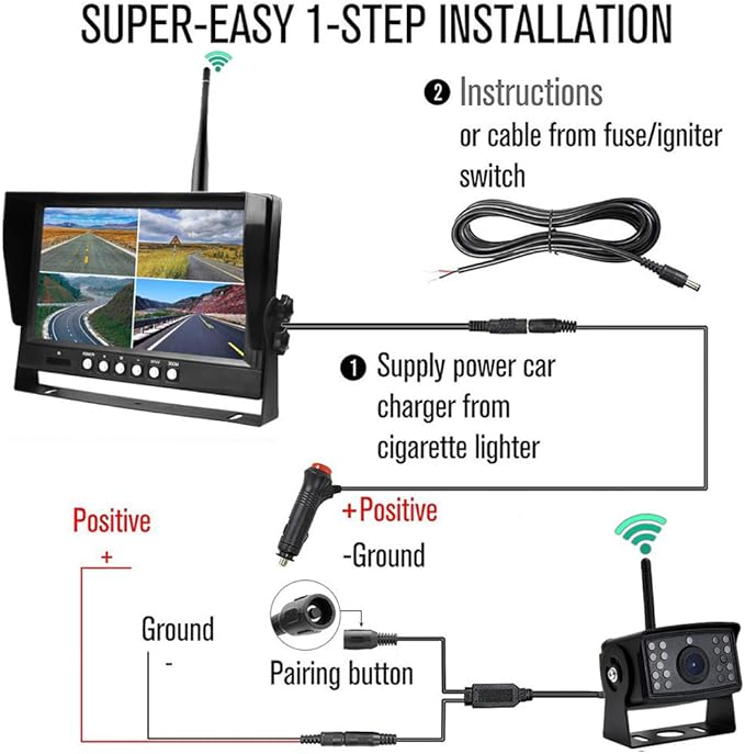 EVERSECU 4pcs Digital HD 1080P Wireless Car Backup Camera with 9 inch 4ch Quad Display Monitor/Car DVR/Dash Monitor/Vehicle Video Recorder for RV/SUV/Van/Pickup/Truck/Trailer Rear/Side/Front View
