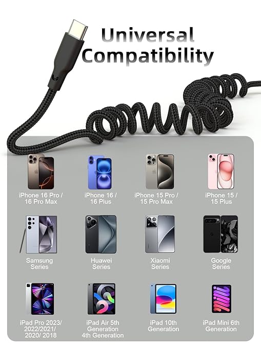 Car Carplay Cable 2Pack 3ft Coiled USB A to USB C Fast Charge Cord for iPhone 16/15/Plus/Pro Max/MacBook Pro, Auto Coiled Retractable iPhone Car Cord