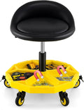 Goplus Rolling Garage Stool, 20”-25” Height Adjustable Mechanic Stool w/Magnetic Tool Tray, 2.5" Thick Padded Seat, Universal Lockable Wheels, Pneumatic Creeper Seat for Repair Shop, 350LBS Capacity